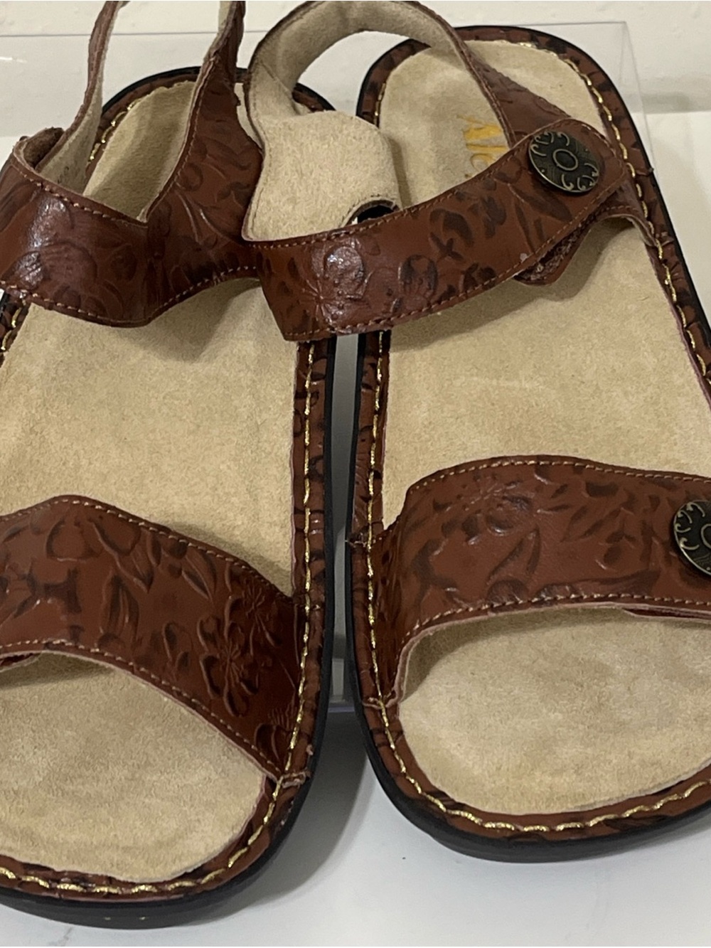 Alegria Brown Leather Embossed Slide